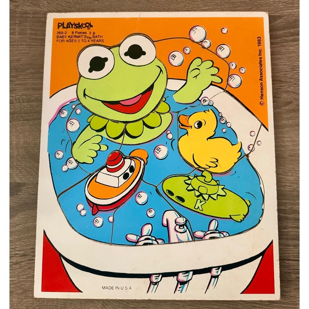 Playskool Baby Kermit's Bath 8 Piece Wooden Jigsaw Puzzle Ages 2-4 Henson 1983